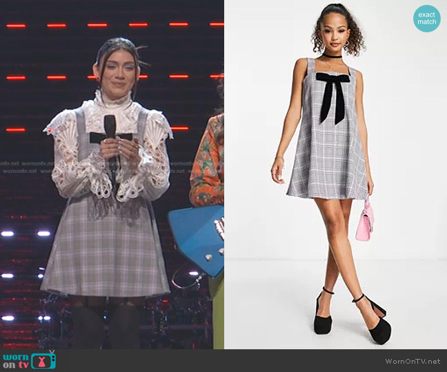 Miss Selfridge Babydoll Bow Detail Mini Pinny Dress in plaid worn by Gina Miles on The Voice