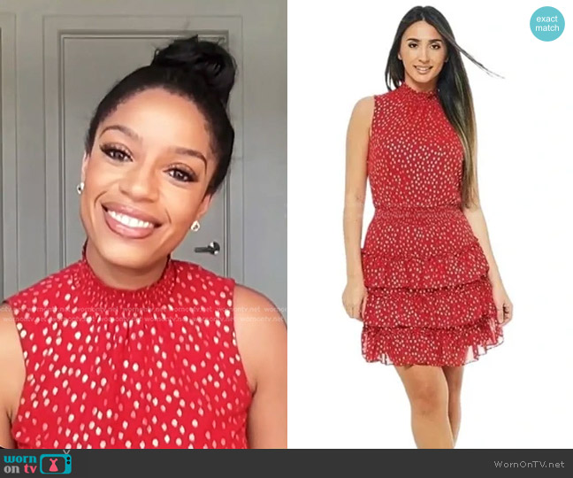 MSK Sleeveless Mock Neck Foil Dot Dress worn by Francesca Amiker on E! News