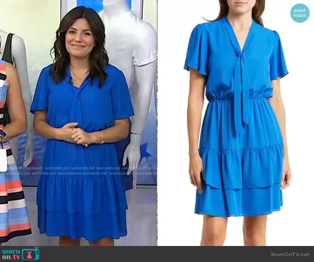 Nanette Lepore Short Sleeve Tie Midi Pleated Dress in Cobalt worn by Adrianna Barrionuevo Brach on Today