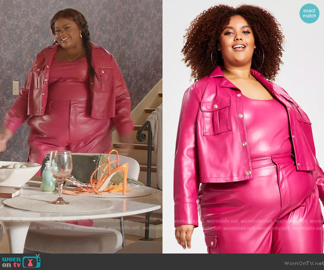 Nina Parker Plus Size Pleather Chest-Pocket Utility Jacket worn by Nicky (Nicole Byer) on Grand Crew