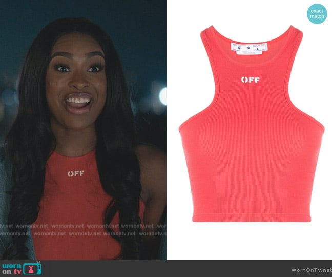 Off-White Logo-print cropped top worn by Hilary Banks (Coco Jones) on Bel-Air