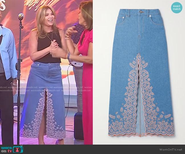 Paco Rabanne Broderie Anglaise Denim Midi Skirt worn by Jenna Bush Hager on Today