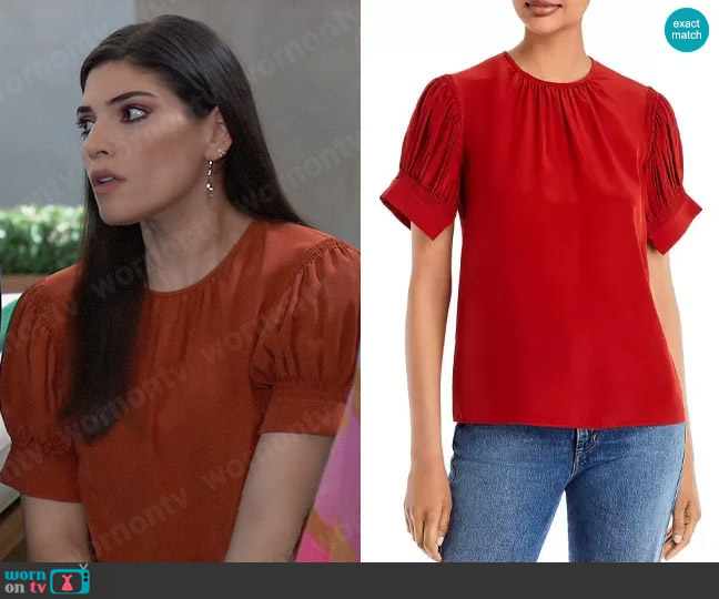 Rebecca Taylor Pleated Puff Sleeve Silk Top worn by Brook Lynn Quartermaine (Amanda Setton) on General Hospital