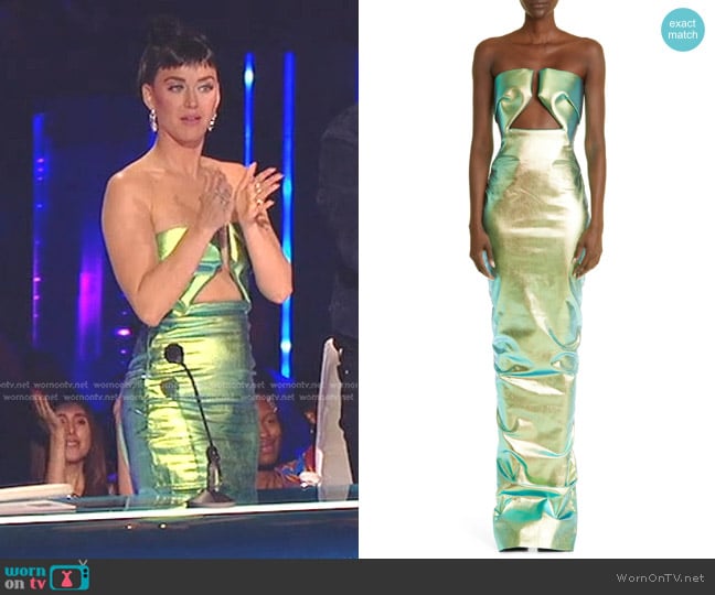 Rick Owens Prong Iridescent Keyhole Cutout Coated Denim Strapless Gown worn by Katy Perry on American Idol