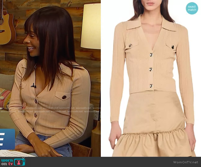 Sandro Hind Rib Pointelle Crop Cardigan worn by Zuri Hall on Access Hollywood