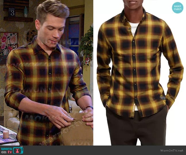 Scotch & Soda Slim Fit Plaid Stretch Cotton Button-Down Shirt worn by Tripp Johnson (Lucas Adams) on Days of our Lives