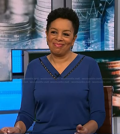 Sharon Epperson’s blue v-neck top on NBC News Daily