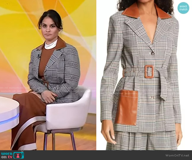 Staud Paprika Glen Plaid Belted Jacket with Faux Leather Trim worn by Donna Farizan on Today