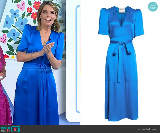 Stella McCartney Puff Sleeve Tie Waist Satin Midi Dress worn by Savannah Guthrie on Today