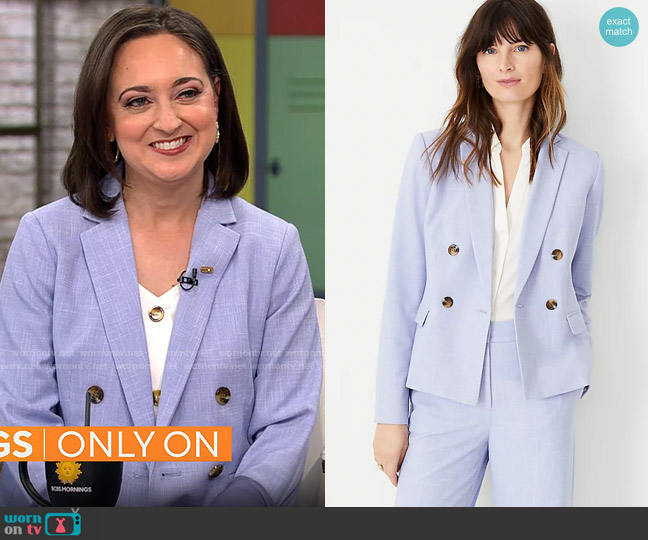 Ann Taylor The Double Breasted Blazer in Cross Weave in Deep Wisteria worn by Rebecka Peterson on CBS Mornings