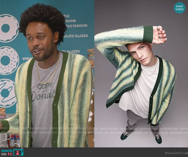 Topman Brushed cardigan with ombre stripe in green worn by Noah Koles (Echo Kellum) on Grand Crew