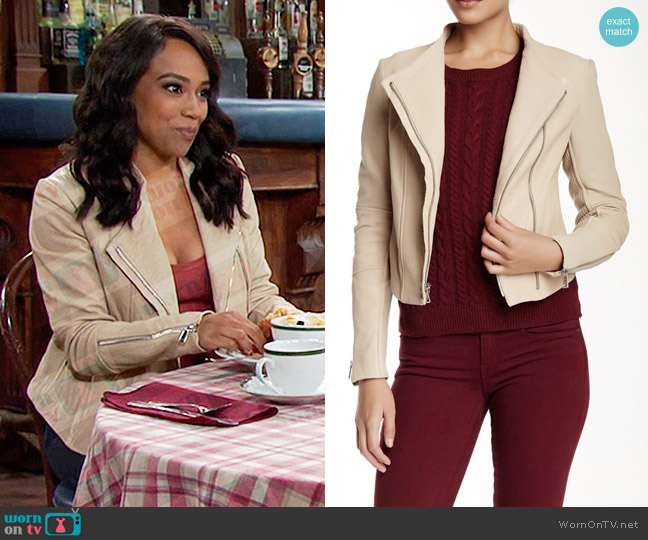 Vince Asymmetrical Leather Jacket in Sand Shell worn by Jada Hunter (Elia Cantu) on Days of our Lives