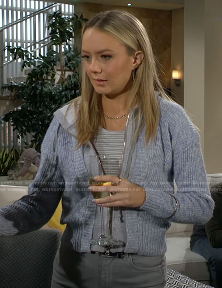 Abby's blue cardigan layered hoodie on The Young and the Restless