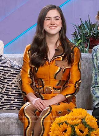 Abby Ryder Fortson's orange metallic belted jumpsuit on The Kelly Clarkson Show