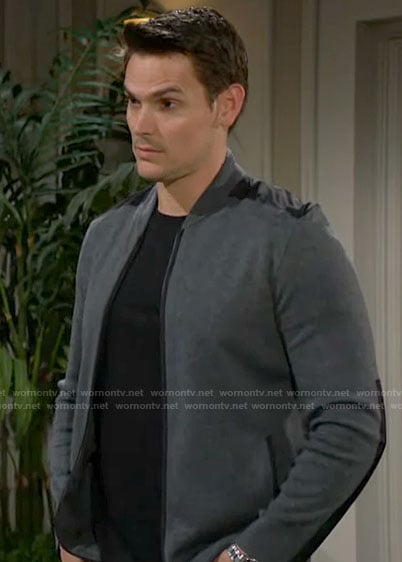 Adam’s grey zip up cardigan with black panels on The Young and the Restless