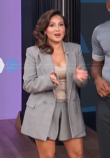 Adrienne’s grey plaid blazer and shorts on E! News