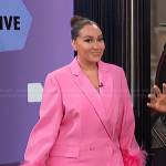 Adrienne’s pink feather cuff blazer dress on E! News