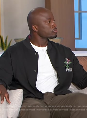 Akbar’s black embroidered bomber jacket on The Talk