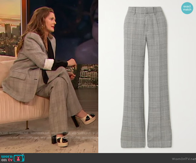 Alessandra Rich Pleated Prince of Wales checked wool straight-leg pants worn by Drew Barrymore on The Drew Barrymore Show