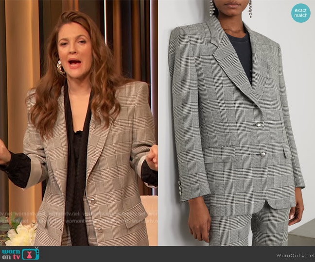 Alessandra Rich Prince of Wales checked wool blazer worn by Drew Barrymore on The Drew Barrymore Show