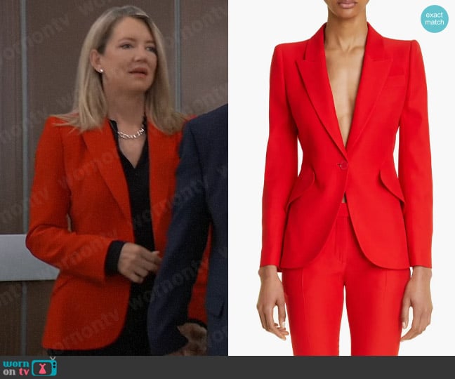 Alexander McQueen One Button Blazer Jacket in Warm Orange worn by Nina Reeves (Cynthia Watros) on General Hospital