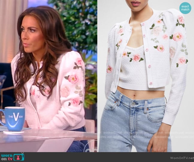 Alice + Olivia Kitty Floral-Embroidered Puff-Sleeve Cardigan worn by Alyssa Farah Griffin on The View