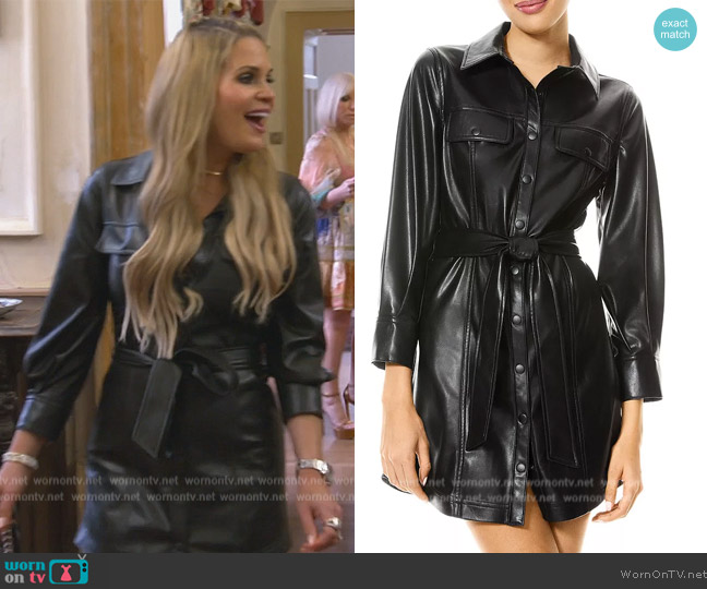 Alice and Olivia Miranda Vegan Leather Shirt Dress worn by Jackie Goldschneider on The Real Housewives of New Jersey