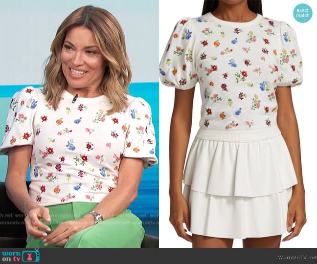 Alice + Olivia Risa Embroidered Puff Sleeve Top worn by Kit Hoover on Access Hollywood