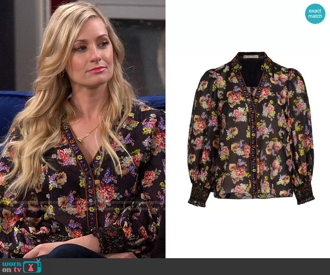 Alice + Olivia Cosima Top in Magnolia Floral Black worn by Gemma (Beth Behrs) on The Neighborhood