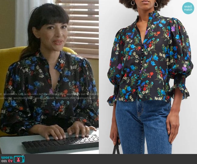 Alice + Olivia Ilan Top in Beautiful Blooms worn by Sam (Hannah Simone) on Not Dead Yet