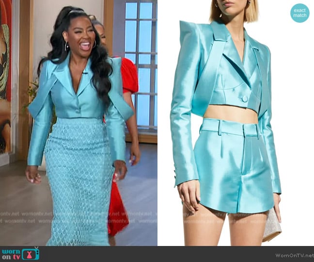 Aliette Strong-Shoulder Silk Bustier Crop Blazer worn by Kenya Moore on The Talk