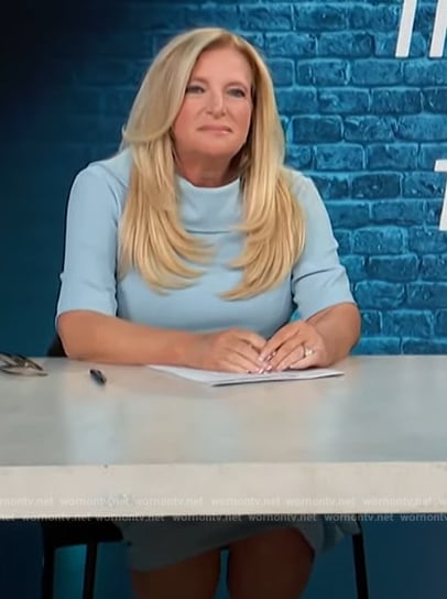 Alison Triessl's blue folded neck dress on Access Hollywood