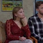 Allie’s red floral sheer top and plaid pants on Days of our Lives