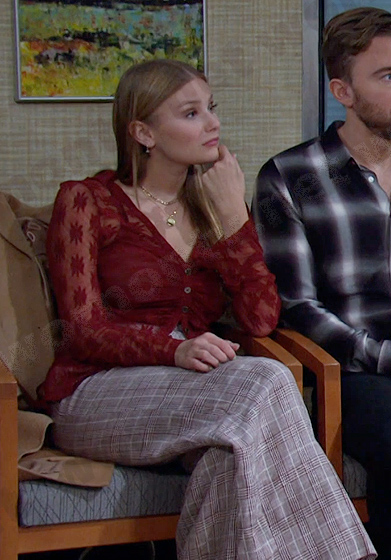 Allie's red floral sheer top and plaid pants on Days of our Lives