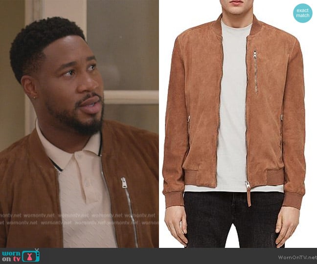 AllSaints Kemble Suede Slim Fit Bomber Jacket worn by Anthony Holmes (Aaron Jennings) on Grand Crew