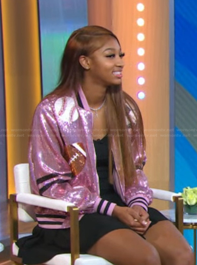 Angel Reese’s sequin bomber jacket on Good Morning America