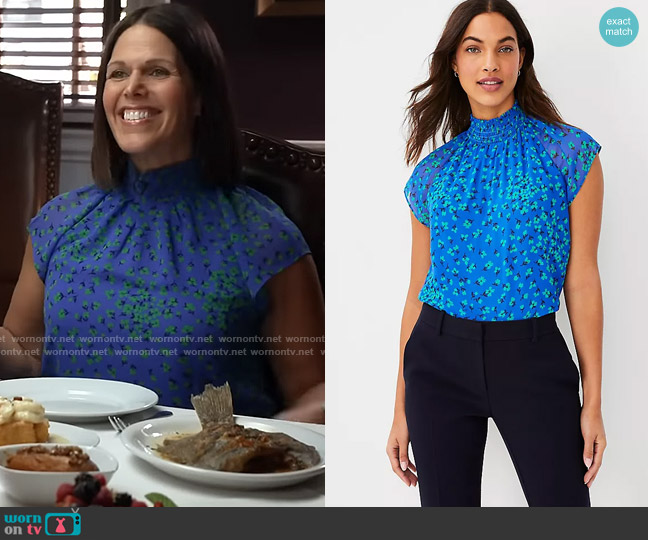 Ann Taylor Floral Smocked Mock Neck Top in Dazzling Blue worn by Dana Jacobson on CBS Mornings