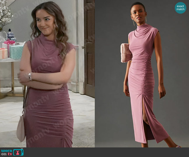 Anthropologie The Maya Ruched Cowl-Neck Dress: Cupro Edition in Raspberry worn by Kristina Corinthos (Lexi Ainsworth) on General Hospital