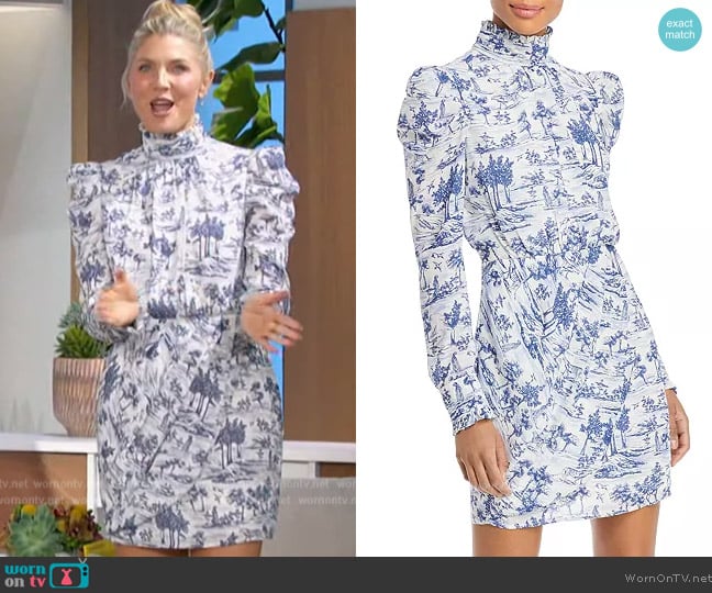 Aqua Toile Puff Sleeve Turtleneck Cocktail Dress worn by Amanda Kloots on The Talk