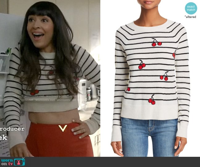 Aqua Cherry Striped Cashmere Sweater worn by Sam (Hannah Simone) on Not Dead Yet