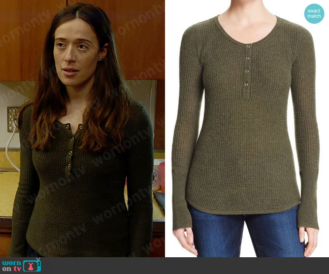 Aqua Waffle Knit Cashmere Henley worn by Kim Burgess (Marina Squerciati) on Chicago PD