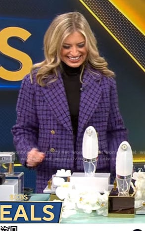 Ashley Bellman’s purple tweed jacket and skirt set on CBS Saturday Morning