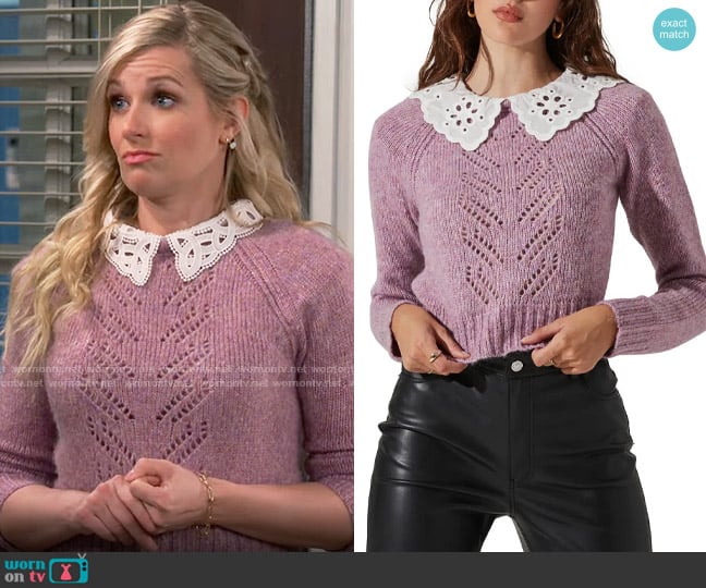 ASTR The Label Floral Eyelet Collar Sweater worn by Gemma (Beth Behrs) on The Neighborhood