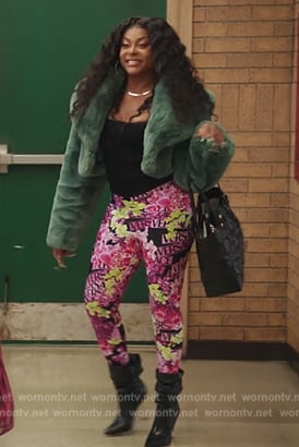 Vanetta’s shearling jacket and floral leggings on Abbott Elementary