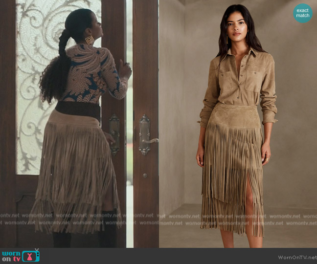 Banana Republic Sevilla Suede Fringe Skirt worn by Vivian Banks (Cassandra Freeman) on Bel-Air