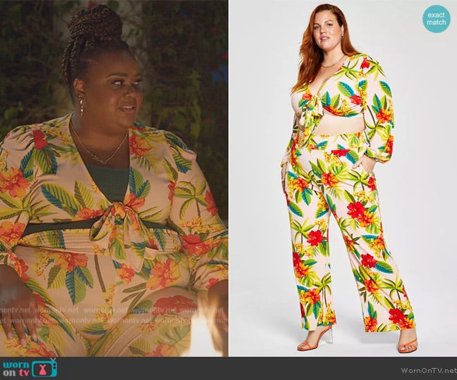  Trendy Plus Size Tropical-Print Tie-Front Top and Printed Soft Pants worn by Nicky (Nicole Byer) on Grand Crew