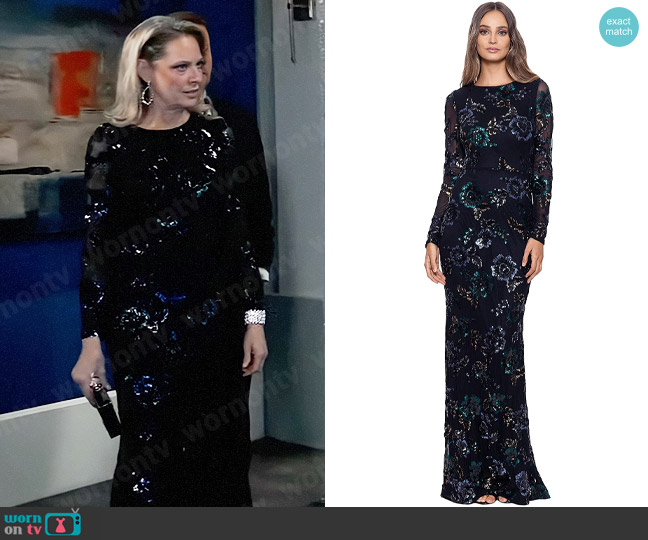 Betsy & Adam Long Long Sleeve Floral Sequin Gown in Black / Teal worn by Gladys Corbin (Bonnie Burroughs) on General Hospital