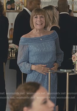 Blue off shoulder gown on Succession