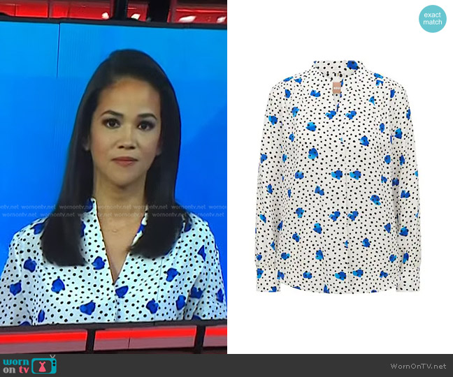 Boss Banora Polkadot Floral Print Silk Button-up Blouse In Blue Dot Fantasy worn by Laura Jarrett on Today