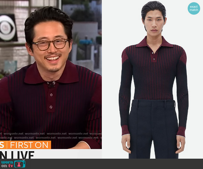 Bottega Veneta Ribbed Cotton Polo in Midnight Blue / Merlot worn by Steven Yeun on CBS Mornings